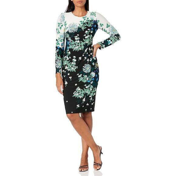 Maggy London Women's Black Mint Floral‎ Long Sleeve Jersey Midi Dress Size US 4 - Picture 1 of 13